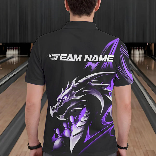 Maxcorners Custom Black And Purple Flame Dragon Bowling Polo Shirts For Men, Dragon Bowling League Shirt