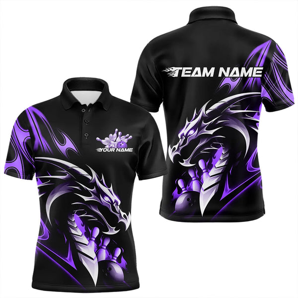 Maxcorners Custom Black And Purple Flame Dragon Bowling Polo Shirts For Men, Dragon Bowling League Shirt