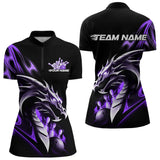 Maxcorners Custom Black And Purple Flame Dragon Bowling Polo Shirts For Men, Dragon Bowling League Shirt