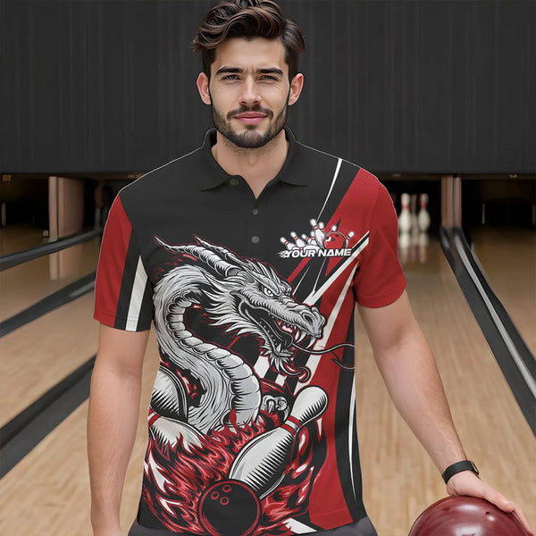 Maxcorners Custom Black And Red Flame Dragon Bowling Jerseys, Dragon Men Bowling Team Polo Shirts