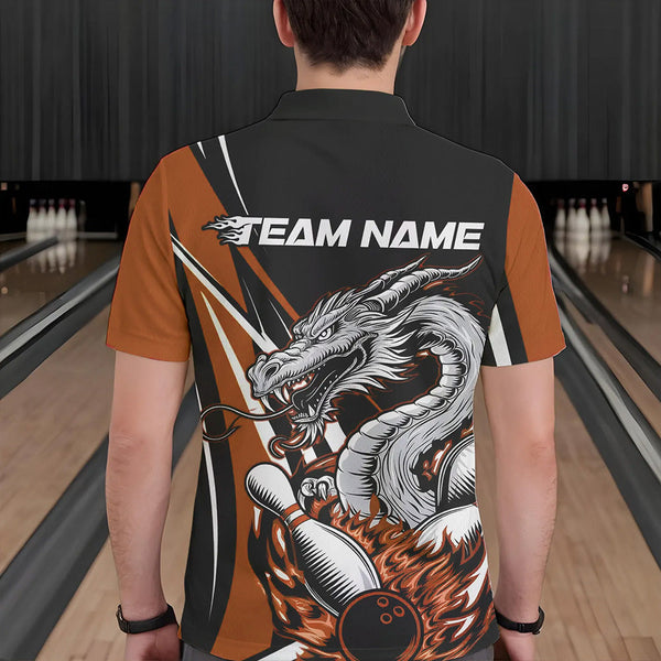 Maxcorners Custom Black And Orange Flame Dragon Bowling Jerseys, Dragon Men Bowling Team Polo Shirts