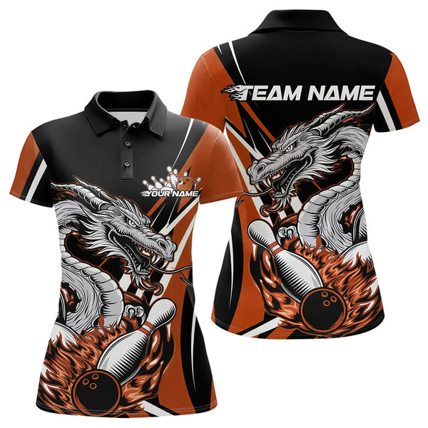 Maxcorners Custom Black And Orange Flame Dragon Bowling Jerseys, Dragon Men Bowling Team Polo Shirts