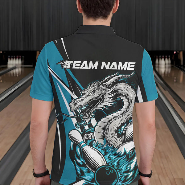 Maxcorners Custom Black And Blue Flame Dragon Bowling Jerseys, Dragon Men Bowling Team Polo Shirts