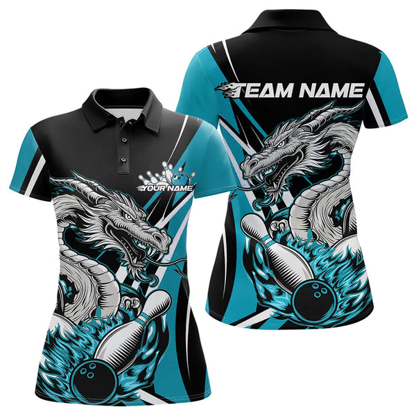 Maxcorners Custom Black And Blue Flame Dragon Bowling Jerseys, Dragon Men Bowling Team Polo Shirts