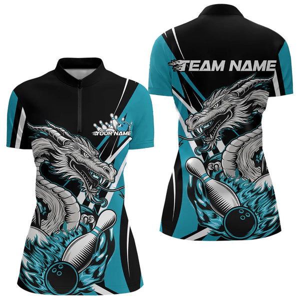 Maxcorners Custom Black And Blue Flame Dragon Bowling Jerseys, Dragon Men Bowling Team Polo Shirts