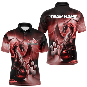 Maxcorners Custom Red Thunder Lightning Dragon Bowling Polo Shirts For Men, Dragon Bowling Uniform