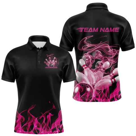 Maxcorners Custom Pink Skull Smoke Bowling Team Men Polo Shirts, Halloween Bowling Outfit LM2608
