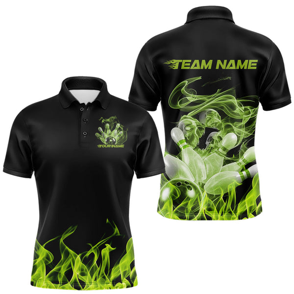 Maxcorners Custom Green Skull Smoke Bowling Team Men Polo Shirts, Halloween Bowling Outfit LM2608