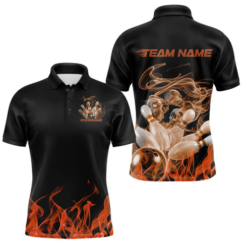 Maxcorners Custom Orange Skull Smoke Bowling Team Men Polo Shirts, Halloween Bowling Outfit LM2608