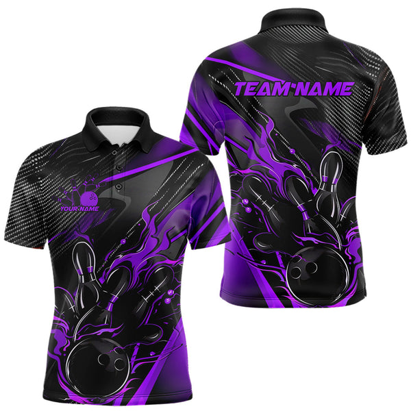 Maxcorners Custom Black And Purple Flame Bowling Team Men Polo Shirts, Fire Bowling Jerseys LM2608