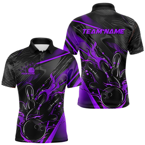 Maxcorners Custom Black And Purple Flame Bowling Team Men Polo Shirts, Fire Bowling Jerseys LM2608
