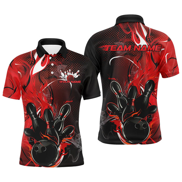 Maxcorners Black And Red Custom Flame Bowling Polo Shirts For Men, Fire Bowling Team Shirt