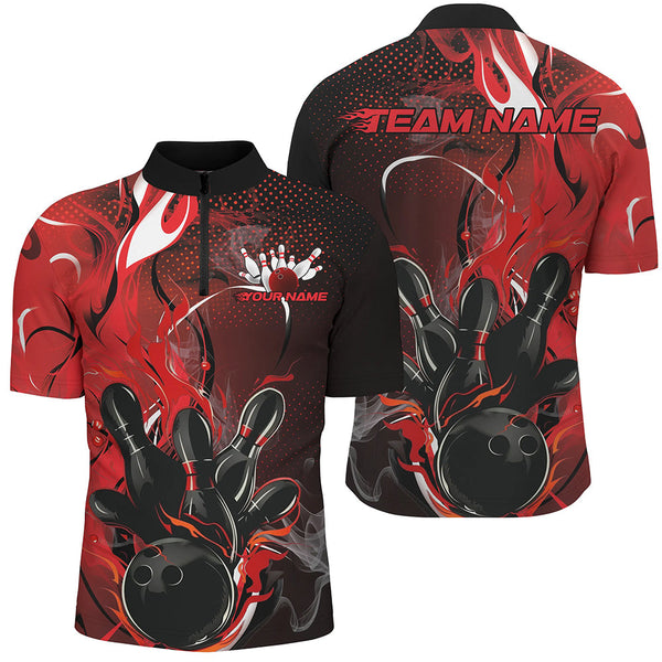 Maxcorners Black And Red Custom Flame Bowling Polo Shirts For Men, Fire Bowling Team Shirt