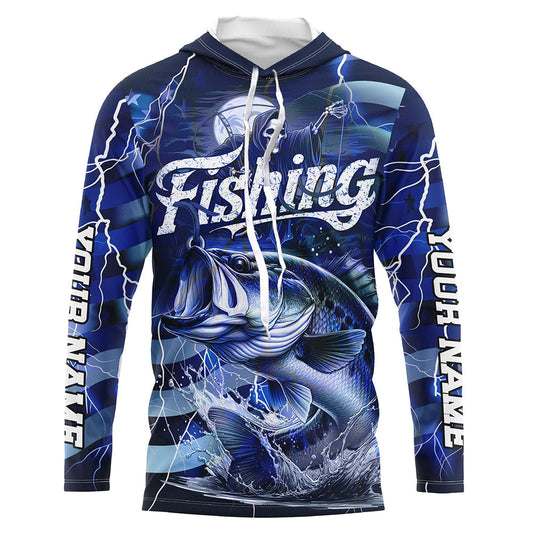 Maxcorners Blue Lightning American Flag Custom Bass Fishing Long Sleeve Shirts, Fish Reaper Fishing Jerseys LM0201