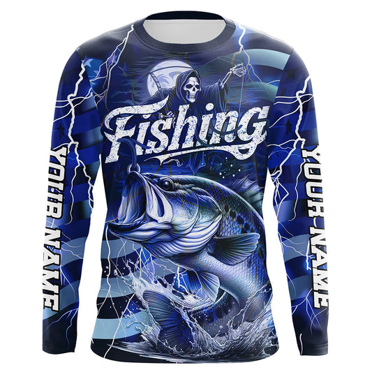 Maxcorners Blue Lightning American Flag Custom Bass Fishing Long Sleeve Shirts, Fish Reaper Fishing Jerseys LM0201