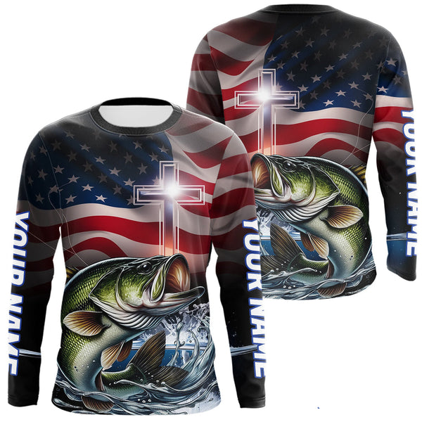 Maxcorners Custom Patrotic Largemouth Bass Long Sleeve Fishing Shirts, Faith Bass Fishing Shirt LM0607