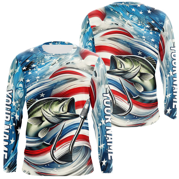 Maxcorners Custom Patriotic Amercian Flag Largemouth Bass Long Sleeve Tournament Fishing Shirts LM0607