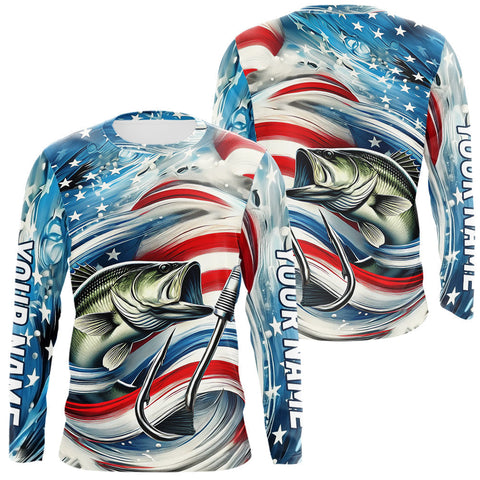 Maxcorners Custom Patriotic Amercian Flag Largemouth Bass Long Sleeve Tournament Fishing Shirts LM0607