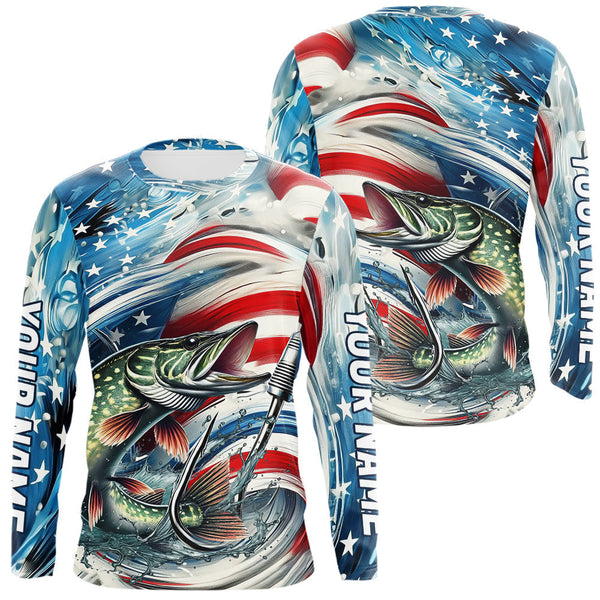 Maxcorners Custom Patriotic Amercian Flag Pike Long Sleeve Tournament Fishing Shirts LM0607