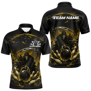 Maxcorners Custom Yellow Halloween Grim Reaper Bowling Team Polo Shirt For Men LM2806