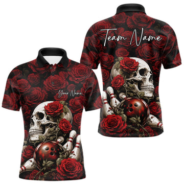 Maxcorners Custom Red Roses And Skull Halloween Bowling Jersey Men Polo Shirt LM0409