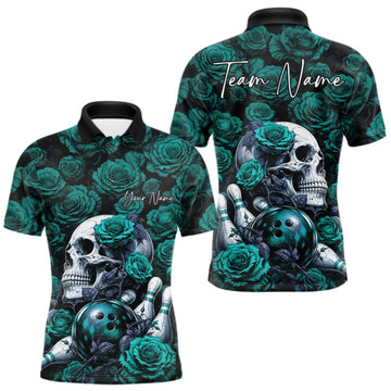 Maxcorners Custom Turquoise Blue Roses And Skull Halloween Bowling Jersey Men Polo Shirt LM0409