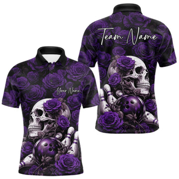 Maxcorners Custom Purple Roses And Skull Halloween Bowling Jersey Men Polo Shirt LM0409