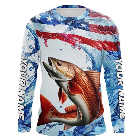 Maxcorners Redfish Fishing American Flag Long Sleeve Saltwater Fishing Shirts, Custom Redfish Fishing Jerseys LM2408