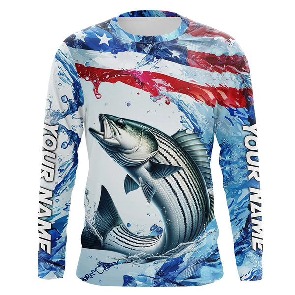 Maxcorners Striped Bass Fishing American Flag Saltwater Fishing Shirts, Custom Striper Fishing Jerseys LM2408