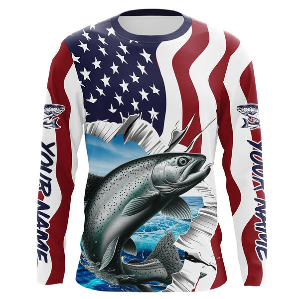 Maxcorners Custom American Flag Chinook Salmon Fishing Long Sleeve Shirts, Patriotic Salmon Fishing Jerseys LM2408
