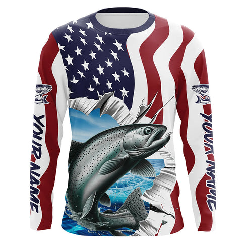 Maxcorners Custom American Flag Chinook Salmon Fishing Long Sleeve Shirts, Patriotic Salmon Fishing Jerseys LM2408