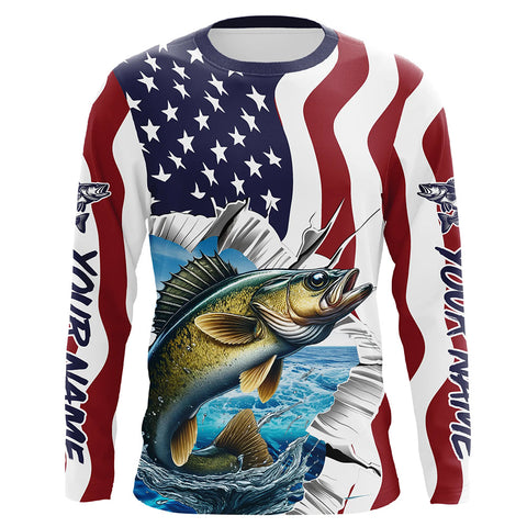 Maxcorners Custom American Flag Walleye Fishing Long Sleeve Shirts, Patriotic Walleye Fishing Jerseys LM2408