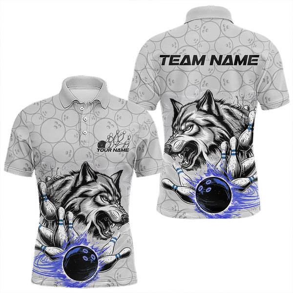 Maxcorners Custom Gray And Blue Wolf Bowling Polo Shirts For Men & Women, Wolf Bowling Tournament Shirt