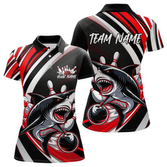 Maxcorners Custom Black And Red Shark Bowling Polo Shirts For Men, Shark Bowling Team Jerseys