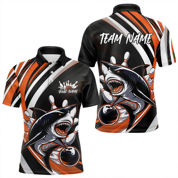 Maxcorners Custom Black And Orange Shark Bowling Polo Shirts For Men, Shark Bowling Team Jerseys