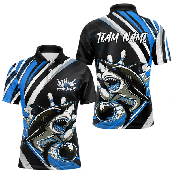 Maxcorners Custom Black And Blue Shark Bowling Polo Shirts For Men, Shark Bowling Team Jerseys