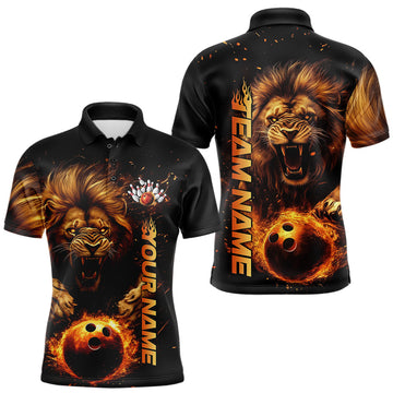 Maxcorners Custom Fire Flame Lion Bowling Team Polo Shirts For Men, Lion Bowling Tournament Shirt LM253