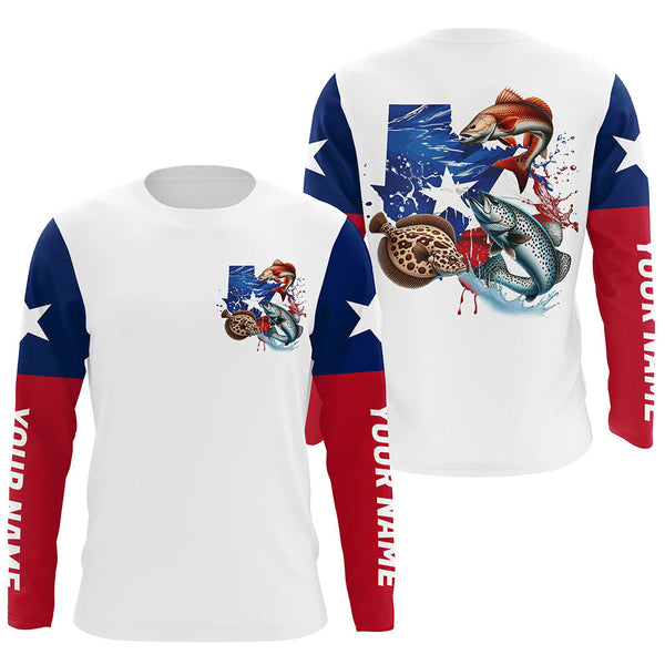 Maxcorners Personalized Texas Flag Fishing Shirts, Texas Slam Redfish Trout Flounder Long Sleeve Fishing Shirts MT2108