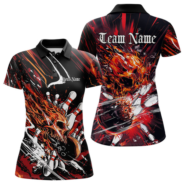 Maxcorners Custom Flame Skull Bowling Team Men Polo Shirts, Fire Halloween Bowler Outfit Uniform LM2707