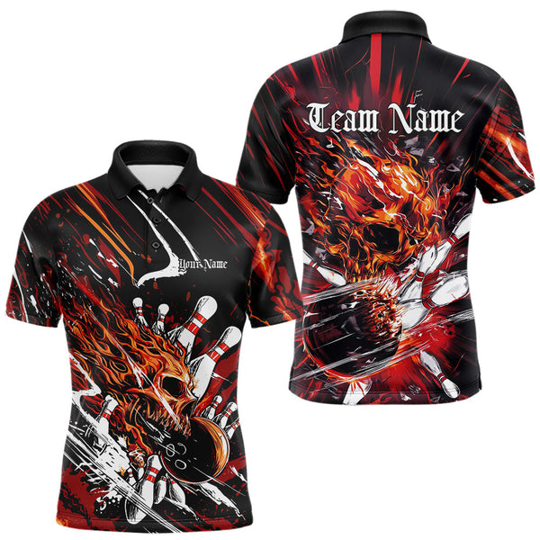 Maxcorners Custom Flame Skull Bowling Team Men Polo Shirts, Fire Halloween Bowler Outfit Uniform LM2707