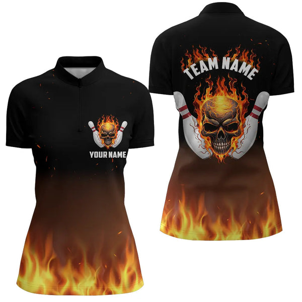 Maxcorners Personalized Women Bowling Shirts, Flame Skull Team Bowling Jerseys For Bowling Players