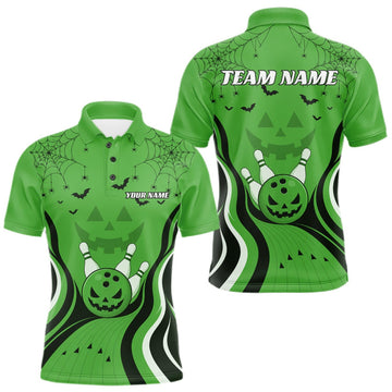 Maxcorners Custom Green Jack O Lantern And Spider Web Halloween Bowling Men Polo Shirt LM0409