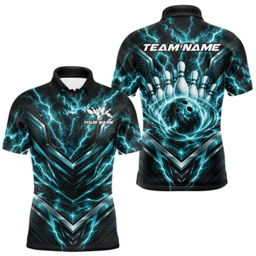 Maxcorners Custom Turquoise Blue Lightning Bowling Men Polo Shirt, Matching Bowling League Shirt LM2709