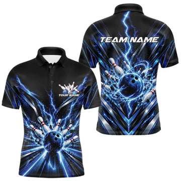 Maxcorners Custom Blue Lightning Bowling Team Jersey, Matching Bowling League Polo Shirt For Men LM2709