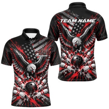 Maxcorners Custom Black And Red Patriotic Eagle Bowling League Men Polo Shirt, Team Jersey LM2709