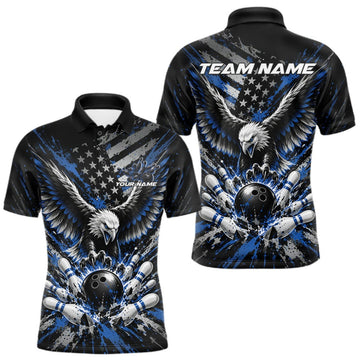 Maxcorners Custom Black And Blue Patriotic Eagle Bowling League Men Polo Shirt, Team Jersey LM2709