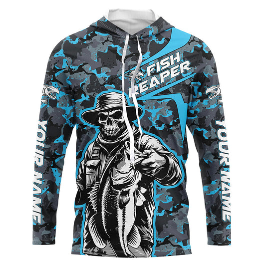 Maxcorners Custom Fish Reaper Skull Bass Long Sleeve Fishing Shirt, Bass Hunter Blue Camo Fishing Jerseys LM0201