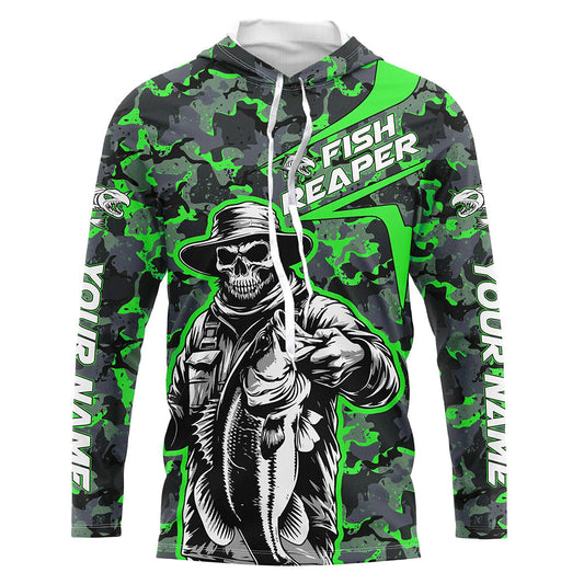 Maxcorners Custom Fish Reaper Skull Bass Long Sleeve Fishing Shirt, Bass Hunter Green Camo Fishing Jerseys LM0201