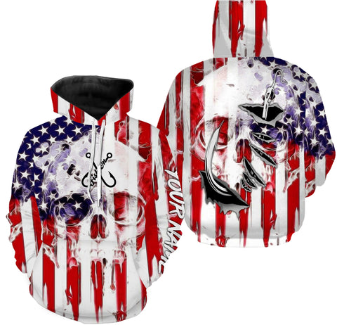 Maxcorners American Flag Skull Fish Hook Customize Name 3D Shirts