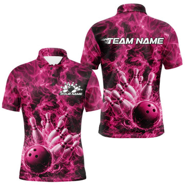 Maxcorners Custom Pink Fire Flame Bowling Men Polo Tournament Shirt, Team Bowling Jerseys LM2603